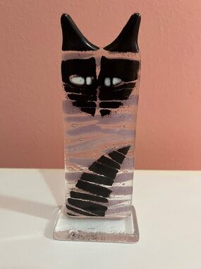 Polish Fused Glass Cat Art Sculpture Marciej Habrat- Black and Lilac signed